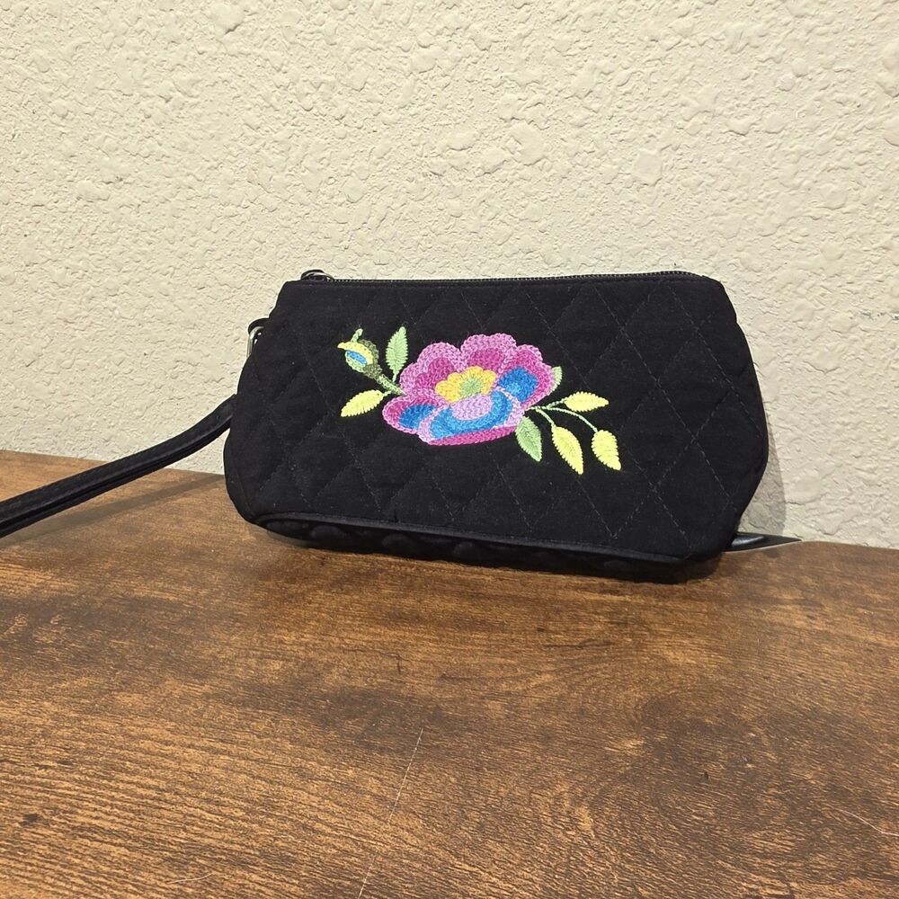 Vera Bradley Adele Black Embroidered Flower Wristlet Clutch Small Purse